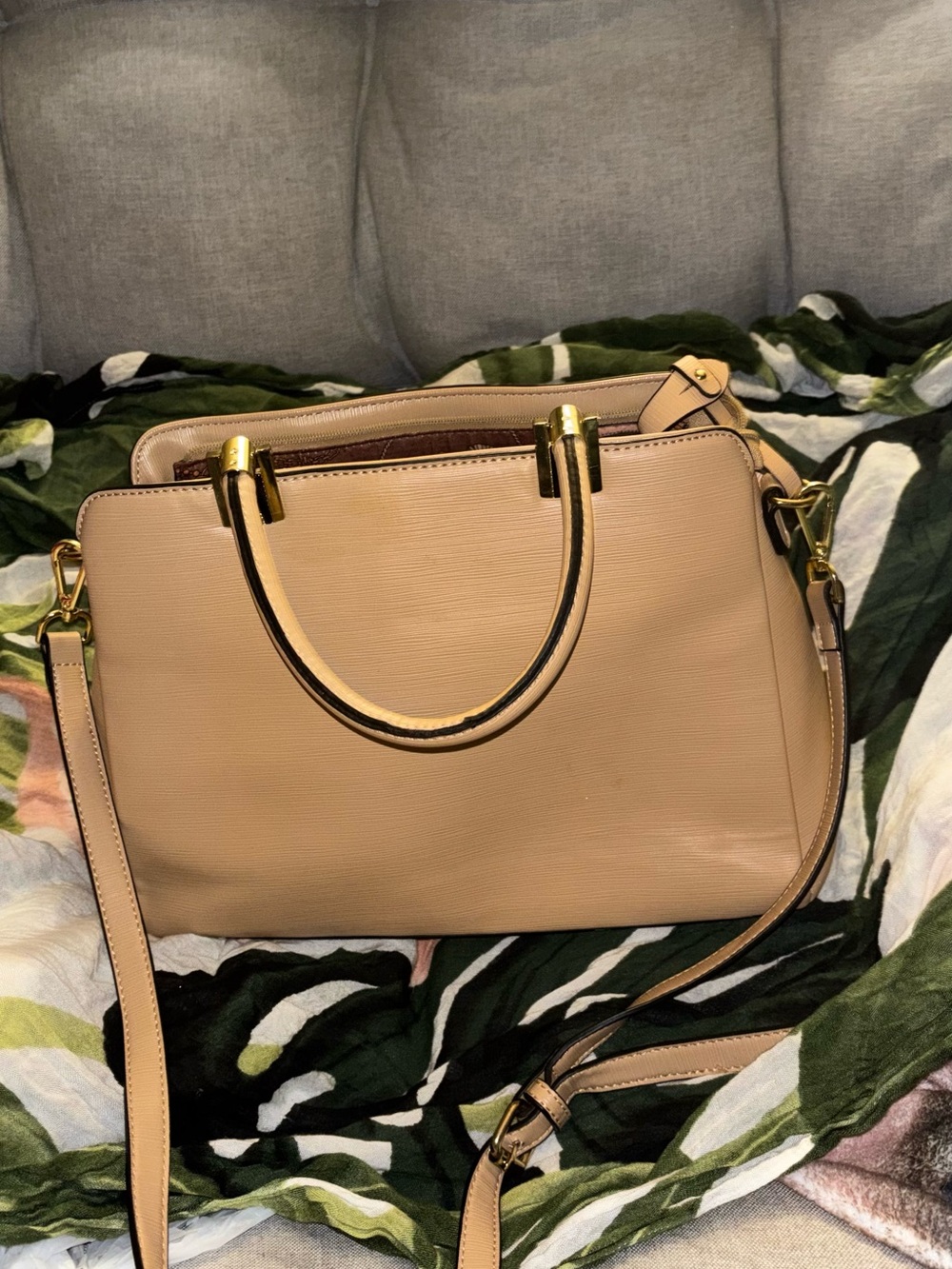Tan Beige Multi-Compartment Satchel Crossbody Handbag